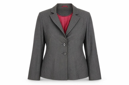 Front view of Next women’s grey striped jacket blazer, size UK 12