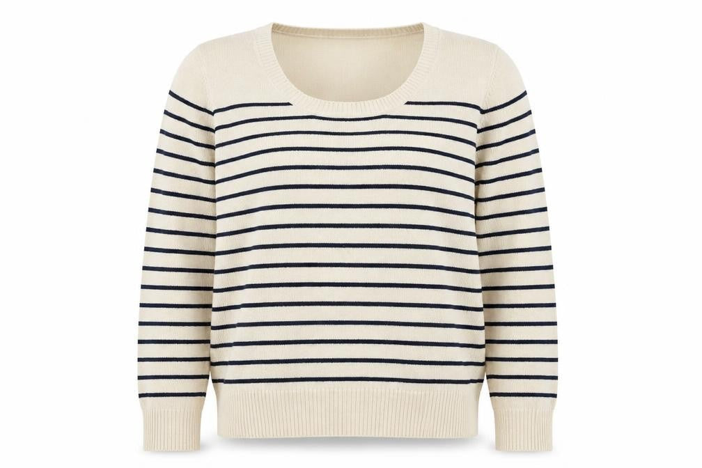 Front view of Papaya women’s beige striped jumper, size UK 14