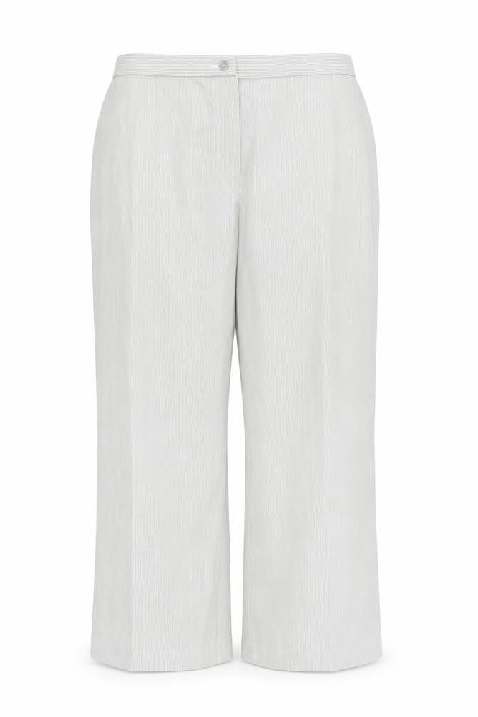 Front view of Marks & Spencer women’s green striped trousers, size UK 20, 26-inch leg
