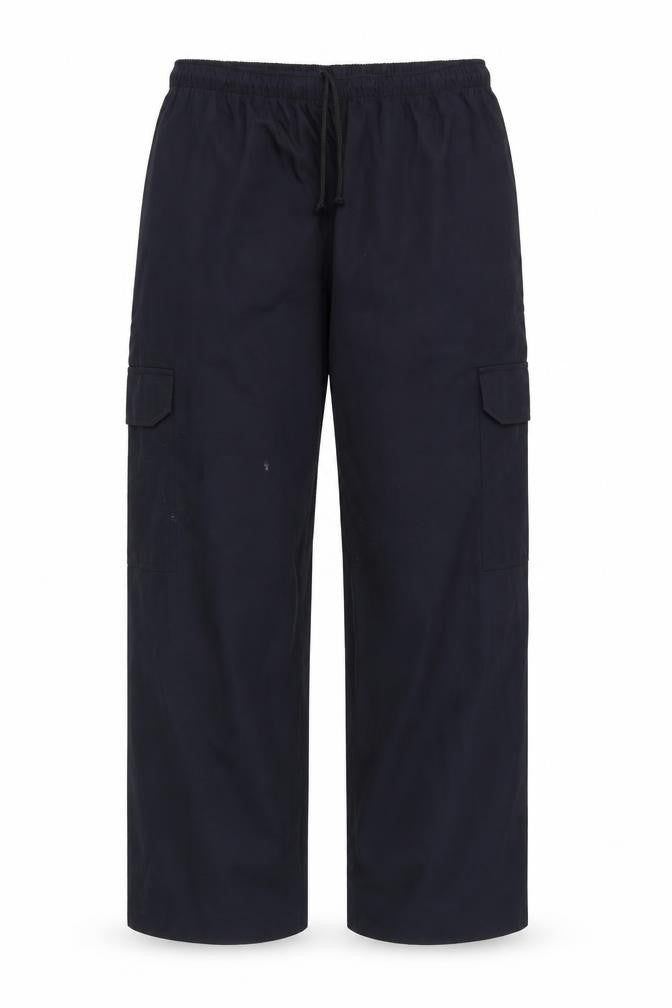 Front view of Simon Jersey men’s blue trousers, size L, 29-inch leg