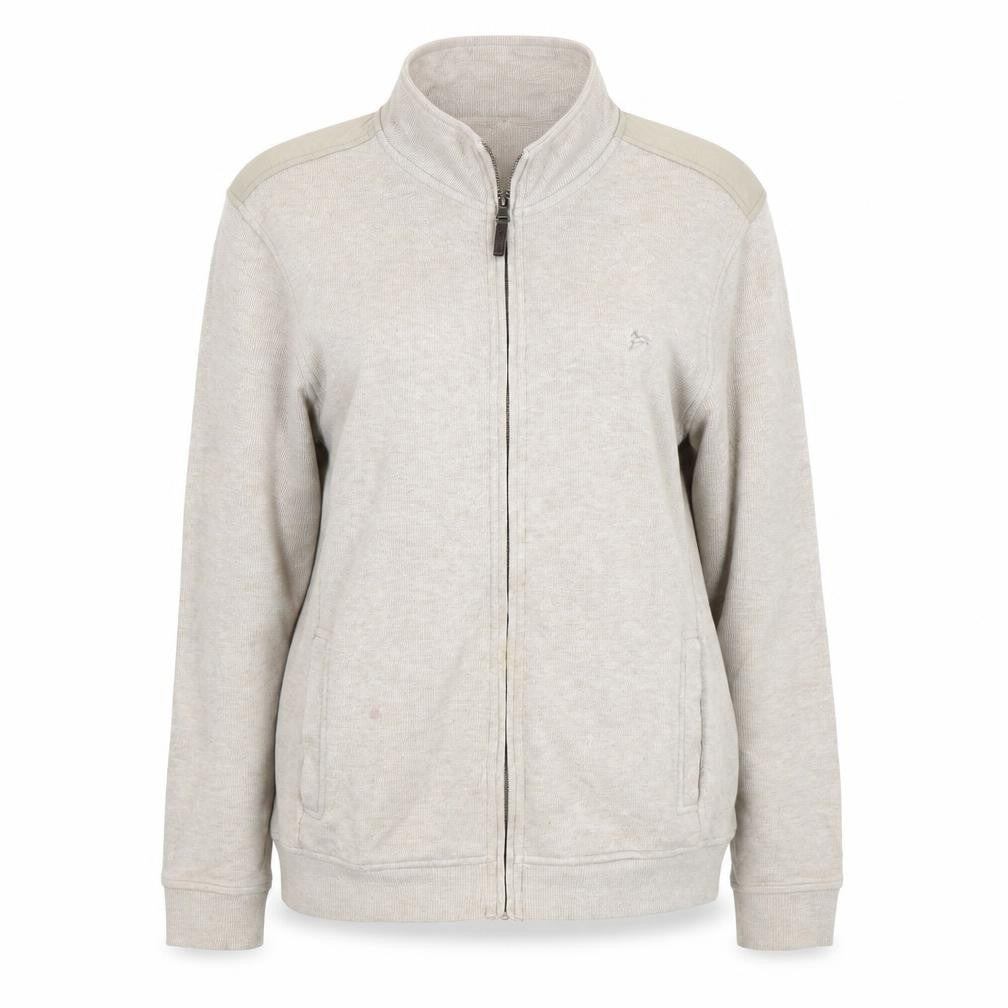 Front view of J Hampton & Sons women’s beige full zip sweatshirt, size L