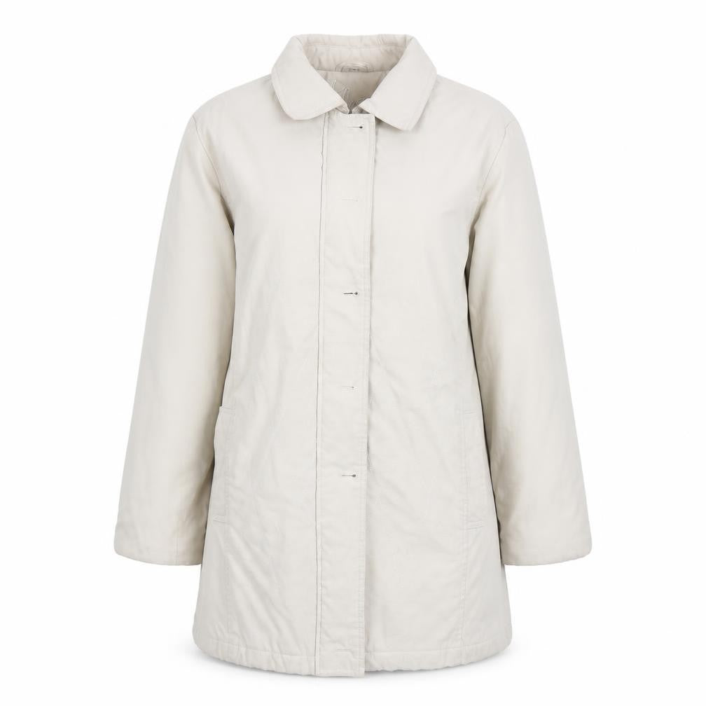 Front view of Klass women’s beige overcoat coat, size L