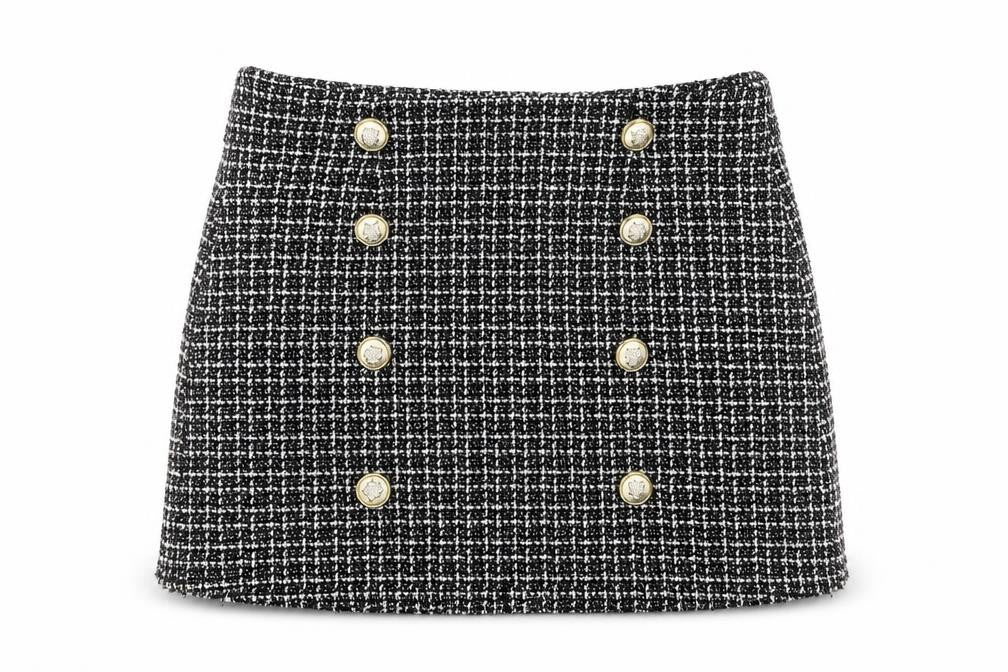 Front view of Preworn women’s black check a-line skirt, size S