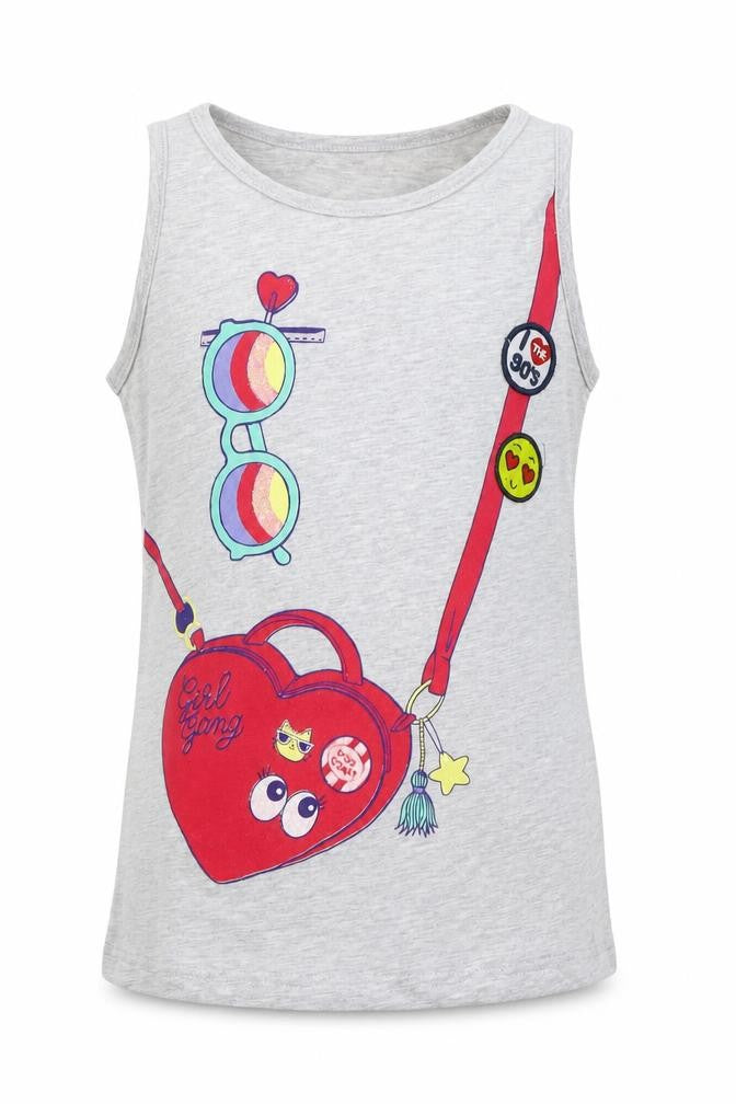 lina pink Girls Grey   Basic Tank Size 8 Years  - details on chest