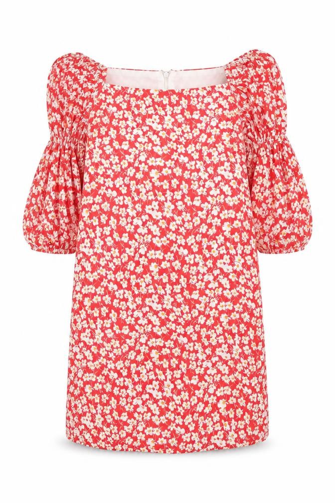 Front view of SHEIN girls’ red floral rayon shift, size 11, years