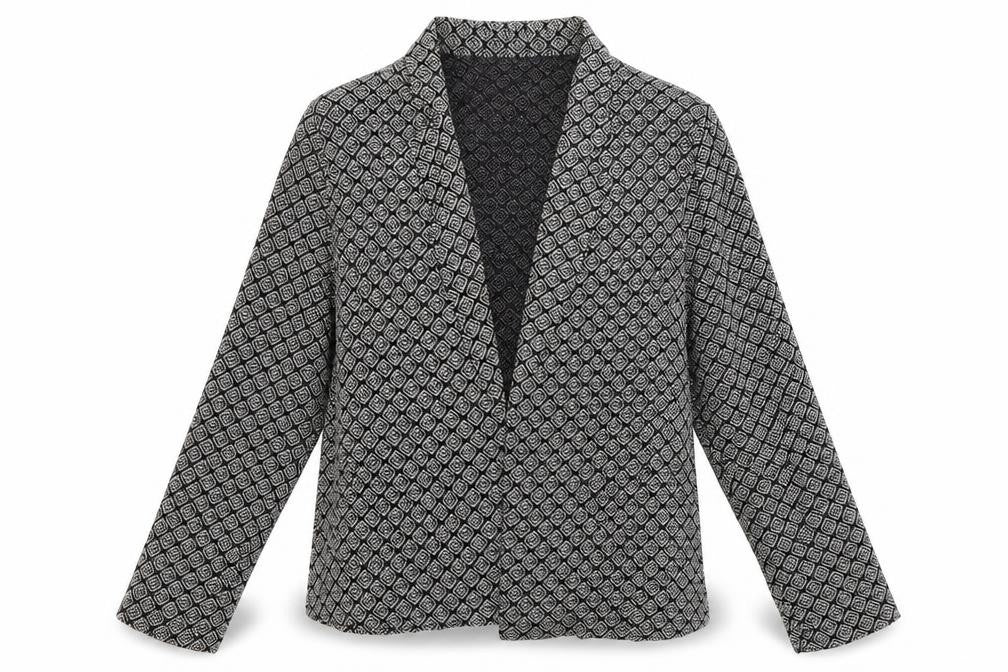 Front view of Peacocks women’s black geometric jacket blazer, size UK 12