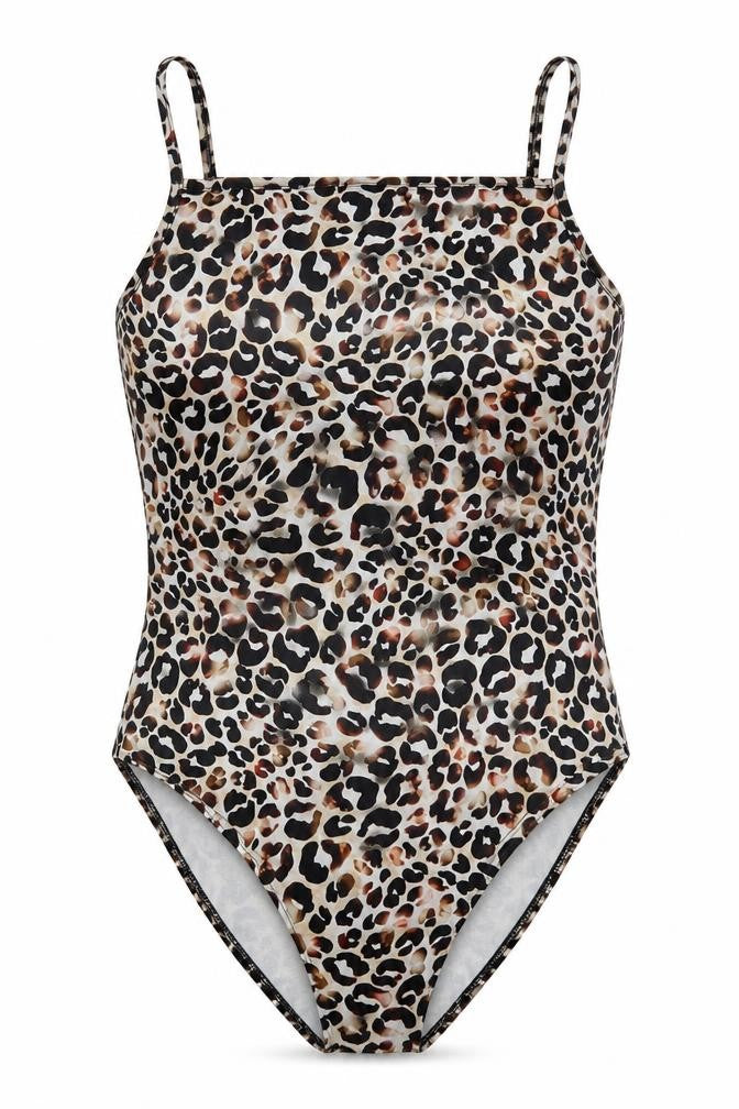 Front view of Miss Selfridge women’s beige animal print basic blouse, size UK 8, - bodysuit