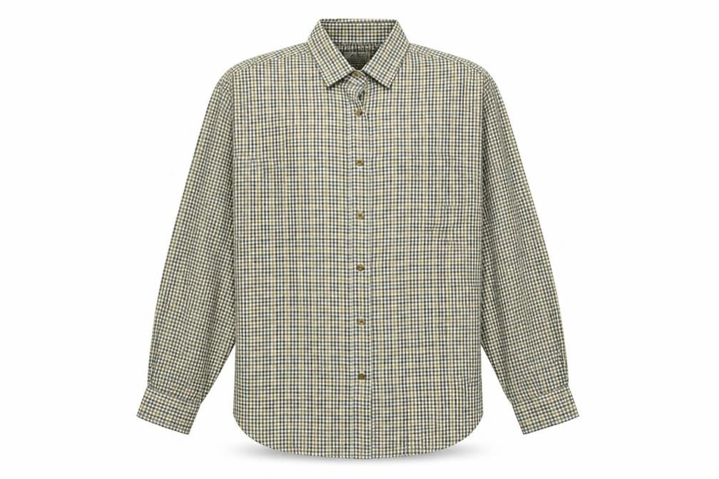 Front view of the collar company men’s brown check polo, size L