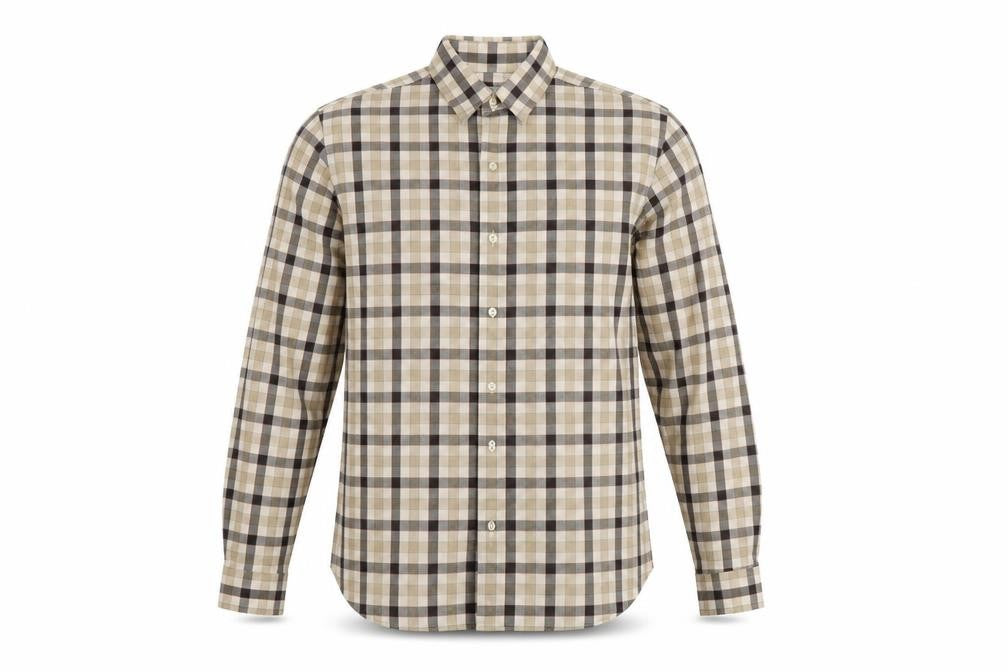 Front view of the collar company men’s brown check polo, size L