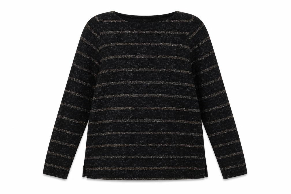 Front view of Next women’s black striped pullover sweatshirt, size UK 14