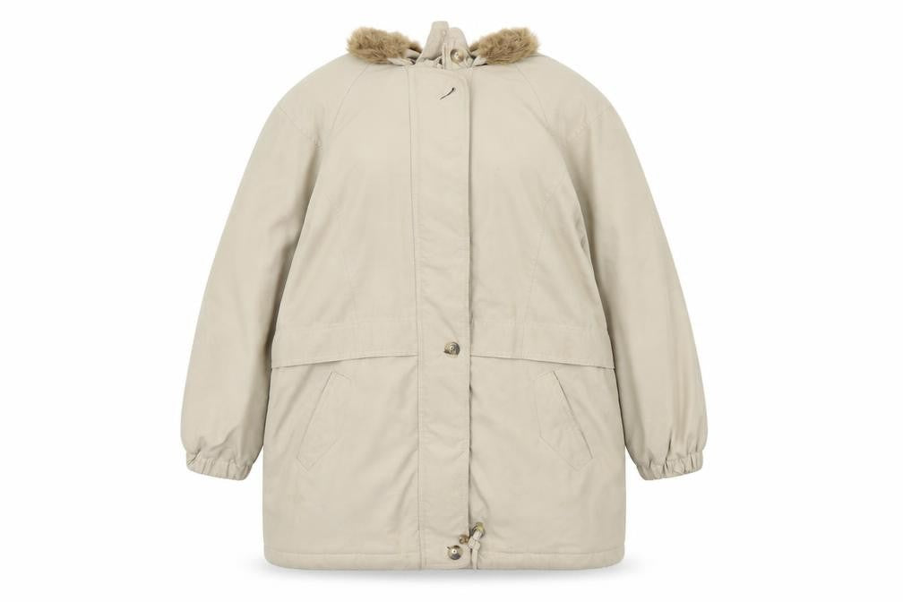 Front view of St Michael women’s beige overcoat coat, size UK 16