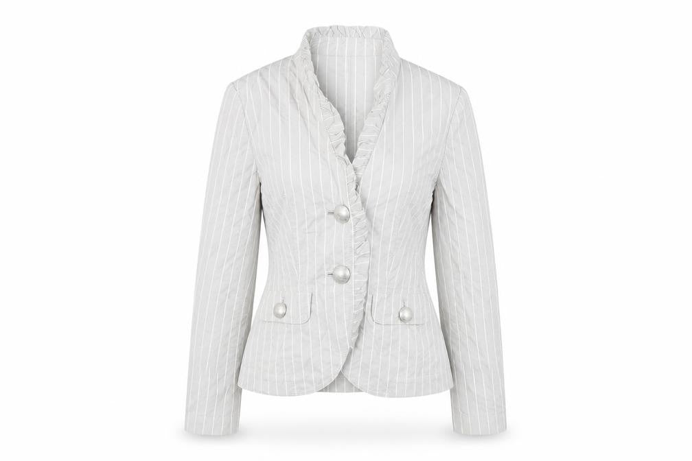 Front view of Verse women’s grey striped jacket, size UK 8, - shoulder pads