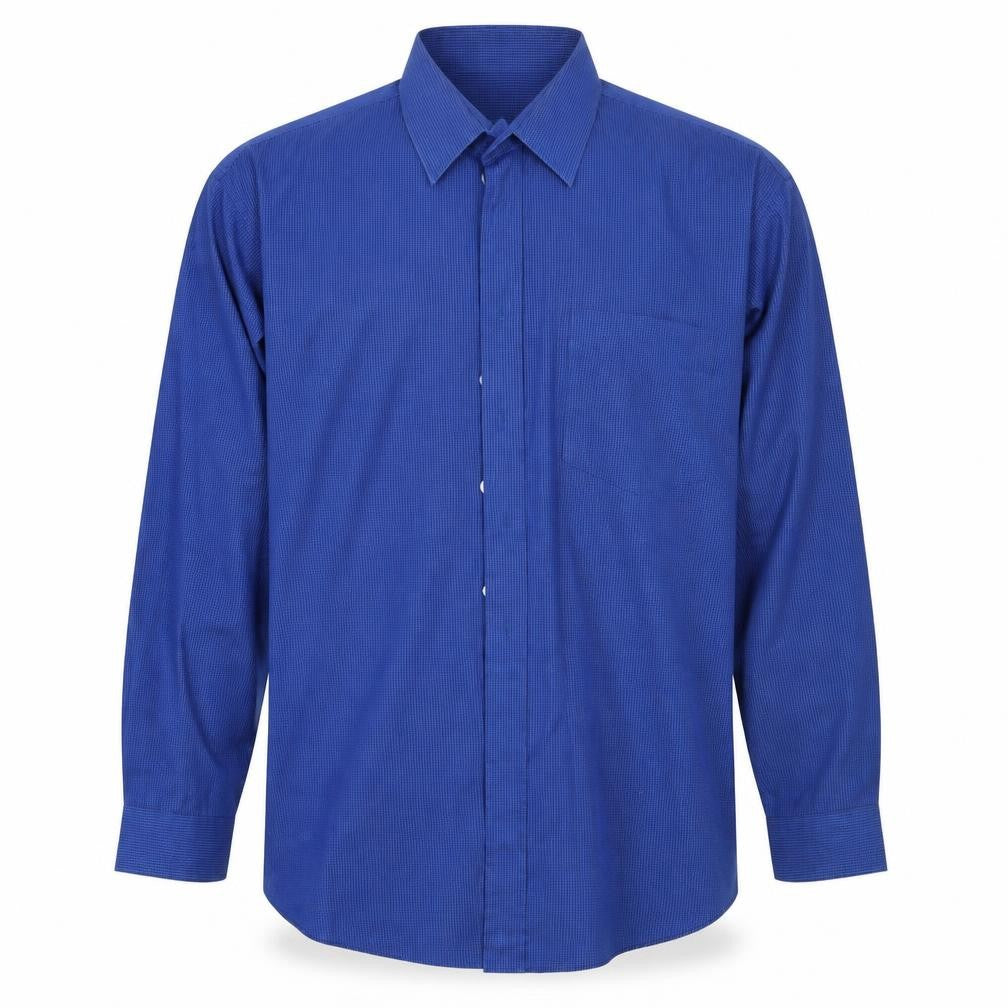 Front view of Copper stone men’s blue check button-up, size 18