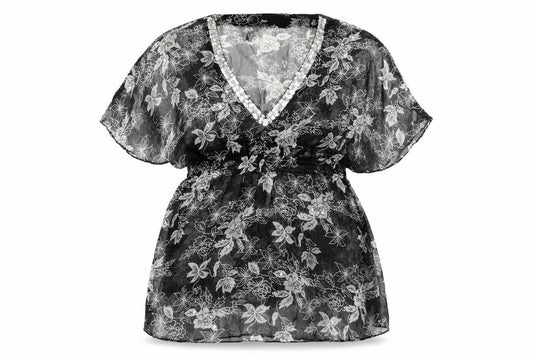 Front view of beachlife women’s black floral pullover casual, size M