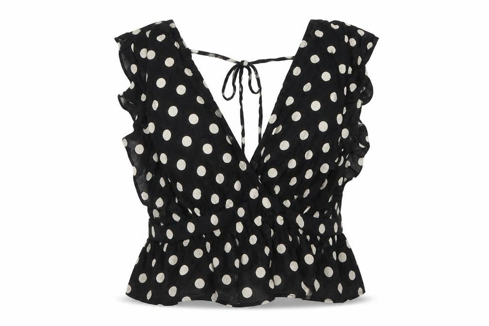 Front view of Topshop women’s black polka dot wrap blouse, size UK 8