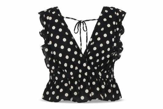 Front view of Topshop women’s black polka dot wrap blouse, size UK 8