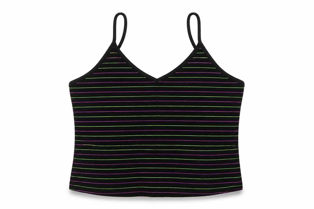 Front view of Primark women’s multicoloured striped cropped t-shirt, size XS