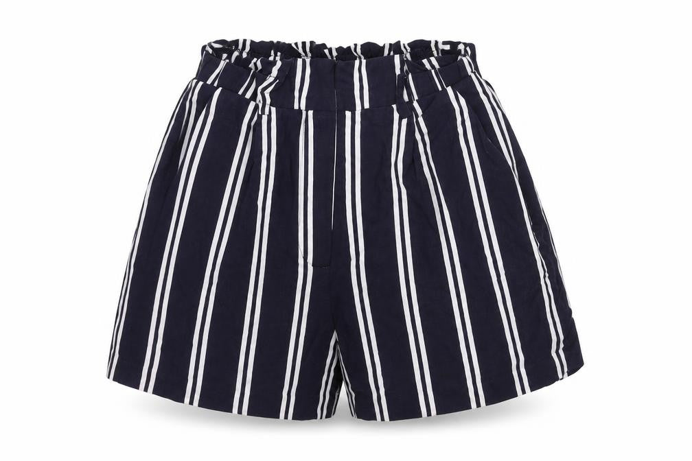 Front view of H&M women’s blue striped paperbag shorts, size UK 4