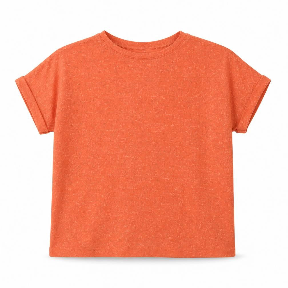 Front view of NAME IT girls’ orange striped basic t-shirt, size 9-10, years