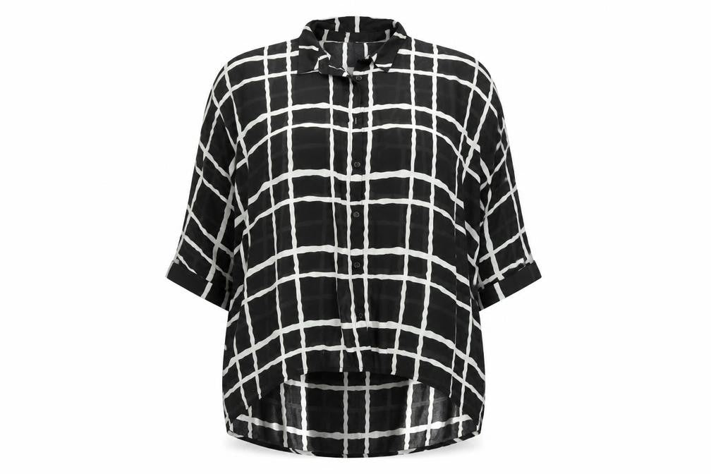 Front view of Pink Soda women’s multicoloured striped button-up, size UK 14, - open back