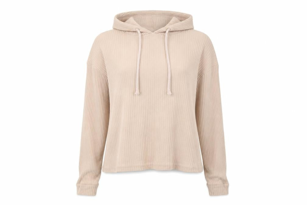 Front view of Primark women’s brown striped pullover hoodie, size UK 14