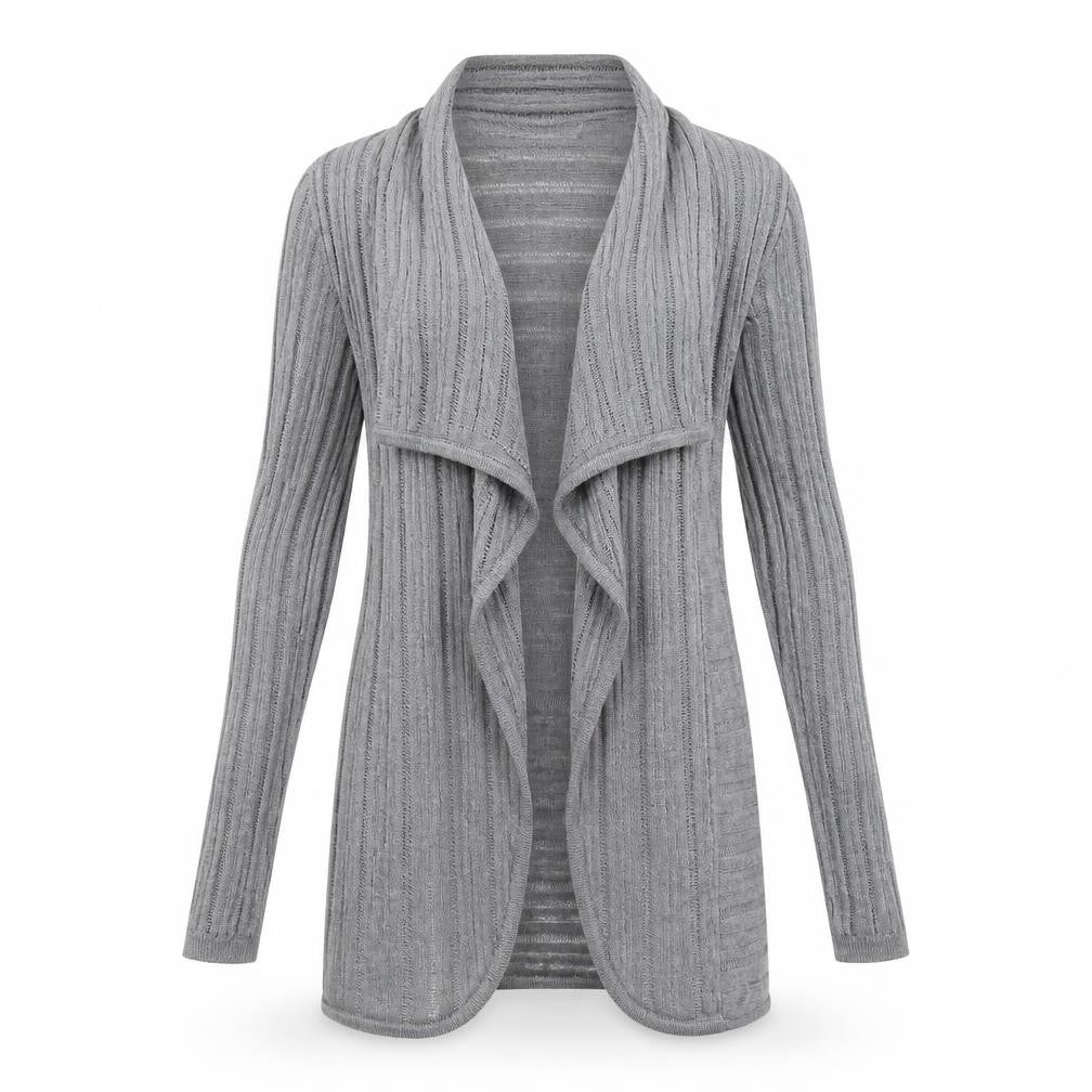 Front view of Per Una women’s grey knit cardigan jumper, size UK 12