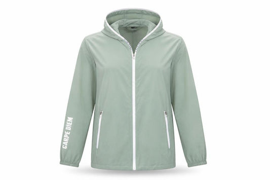 Front view of Carte Diem women’s green windbreaker coat, size L, - carpe diem coat