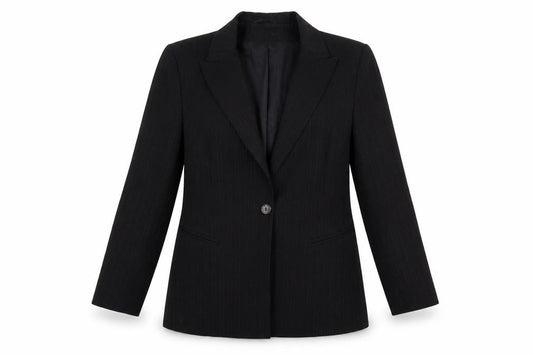 Front view of Wallis women’s black striped jacket, size UK 12, - slight glitter effect stripe