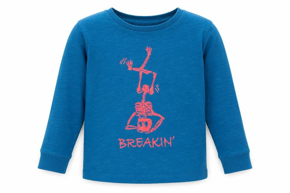 Front view of Next boys’ blue pullover sweatshirt, size 4, years - skeleton breakin' dancing