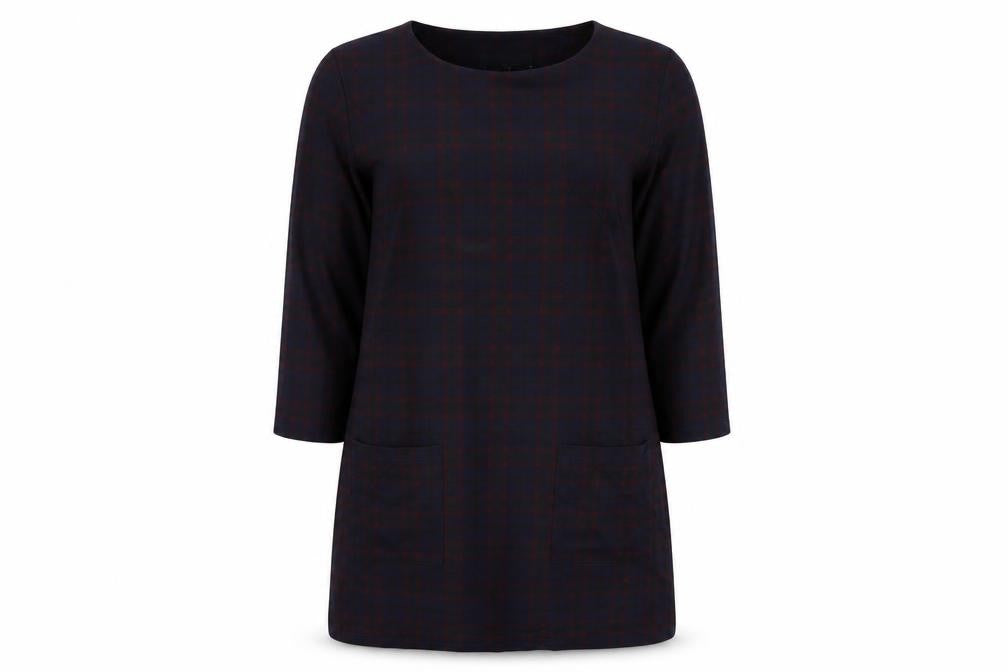 Front view of Isle women’s blue plaid mini, size UK 14