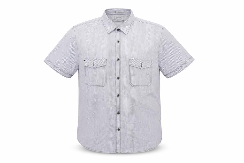 Front view of Burton men’s blue striped button-up, size 2XL