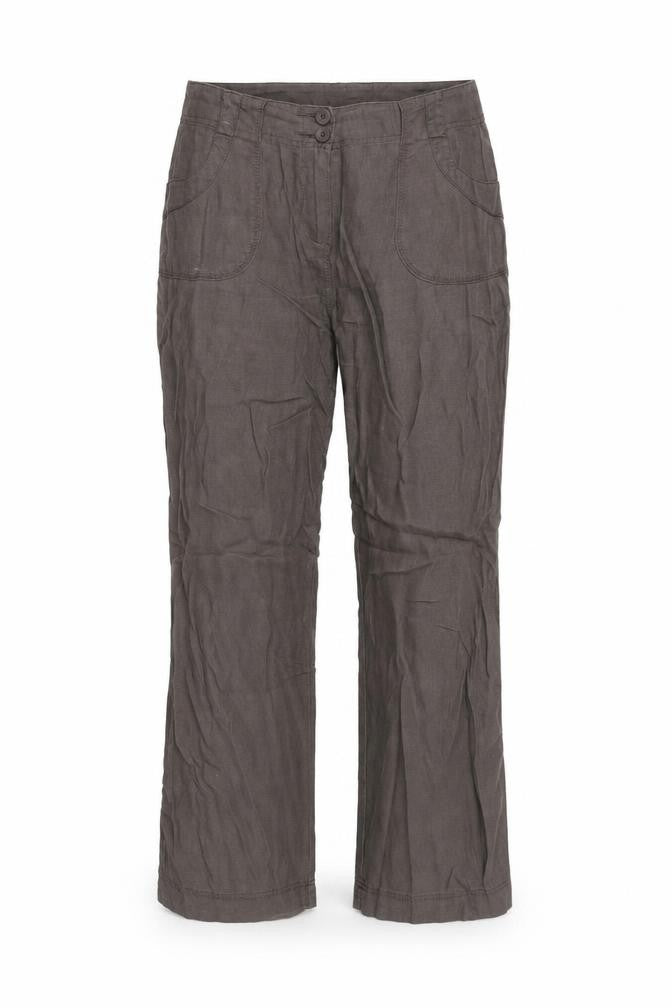 Front view of Preworn women’s grey trousers, size UK 32, in, 30-inch leg