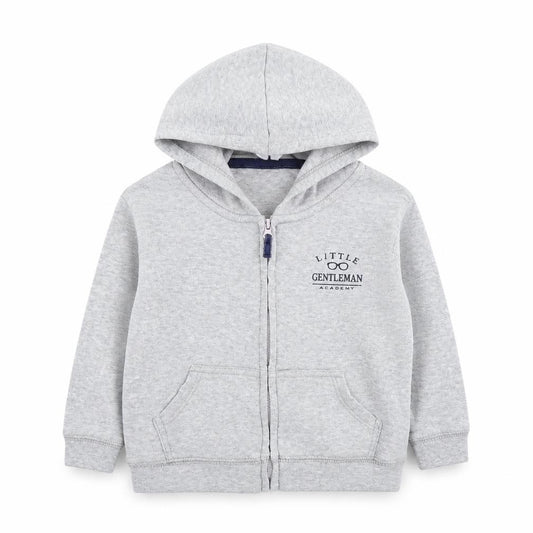 Front view of little gentelmen boys’ grey full zip jumper, size 24, months
