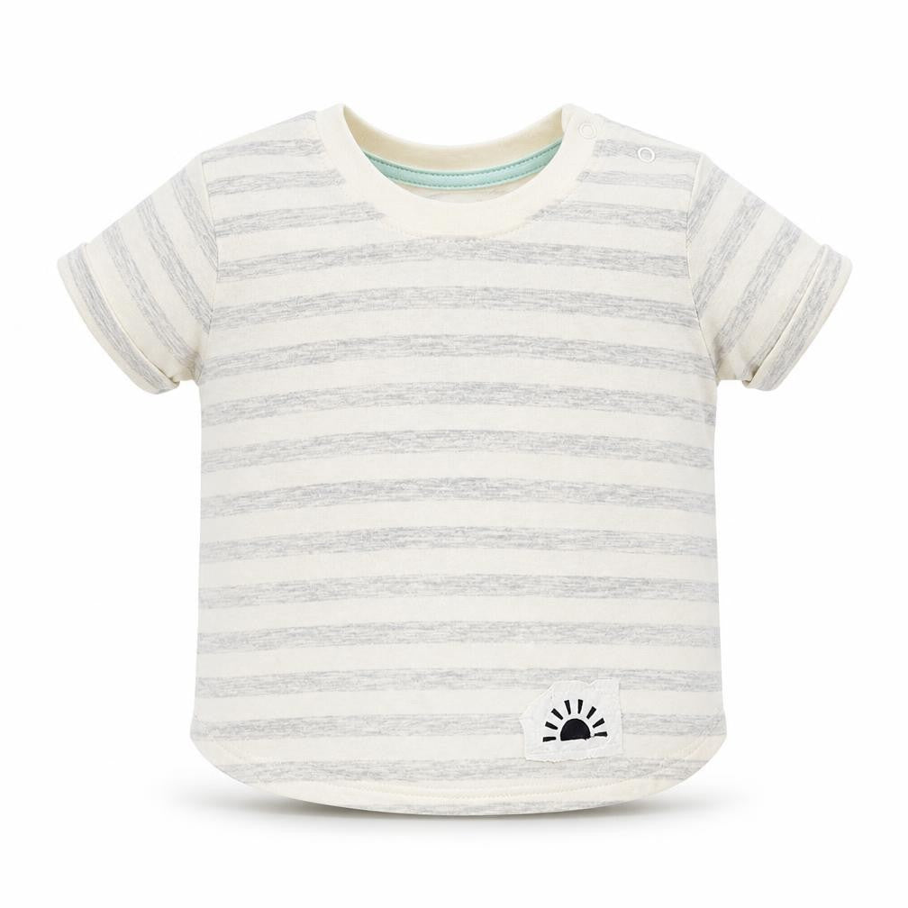 Front view of Primark Baby Grey Striped Basic T-Shirt, size 3-6, Months