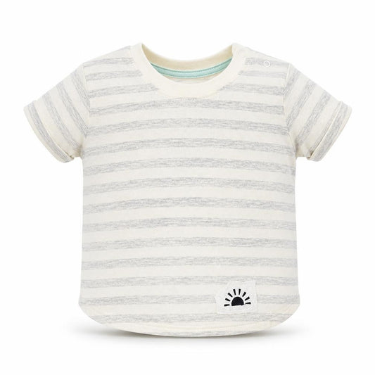 Front view of Primark Baby Grey Striped Basic T-Shirt, size 3-6, Months