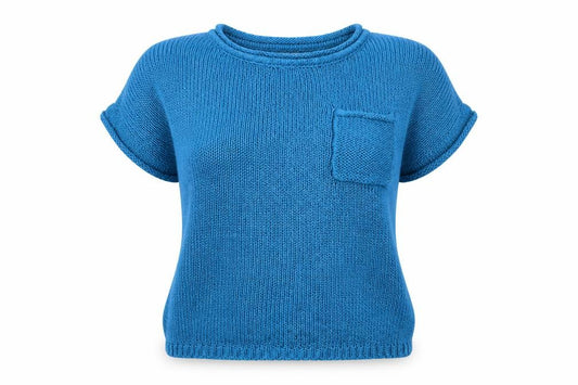 Front view of New Look women’s blue knit jumper, size UK 8