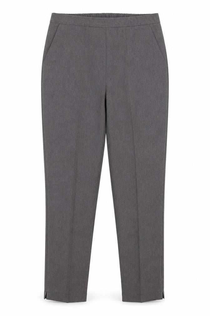 Front view of Preworn women’s grey trousers, size UK 38, in, 29-inch leg