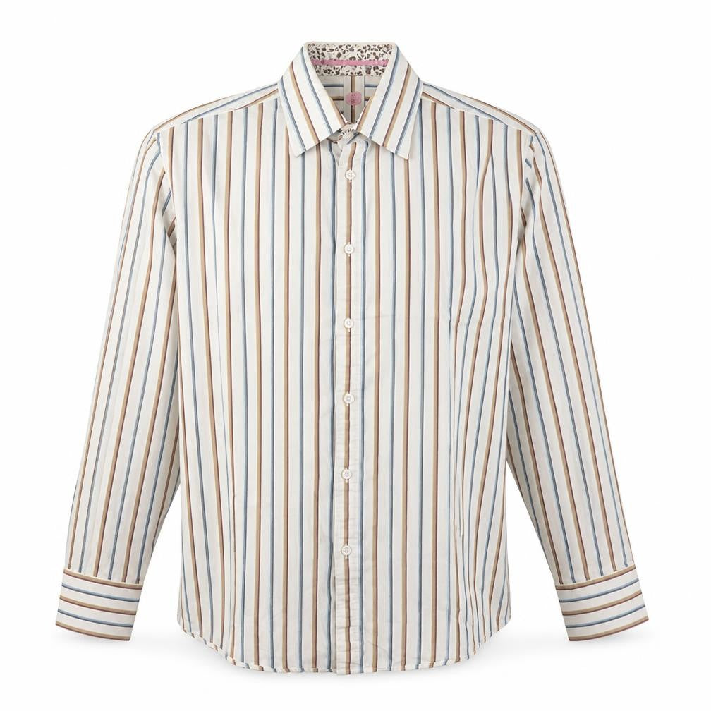 Front view of Burton men’s white striped button-up, size L