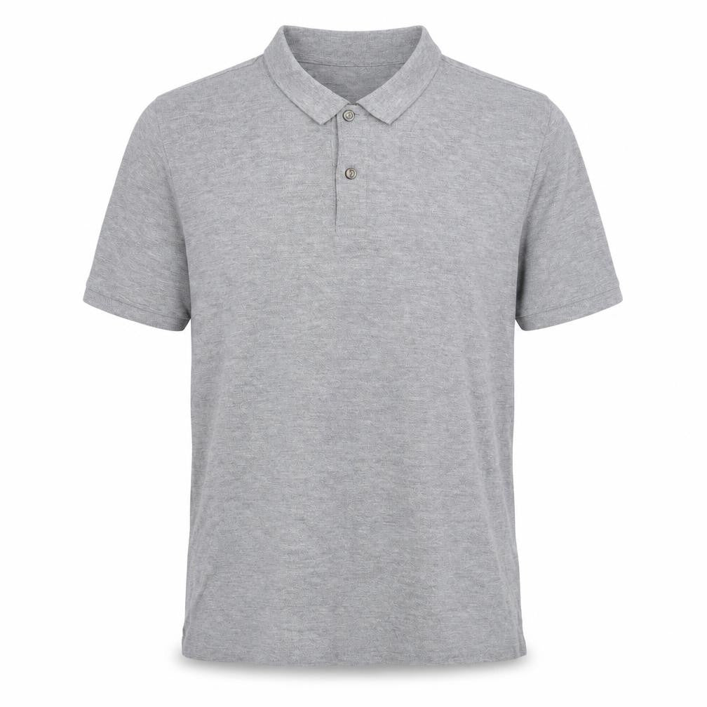 Front view of Unbias men’s grey polo, size L