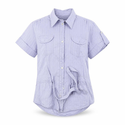 Front view of Marks & Spencer women’s blue basic button-up, size UK 8