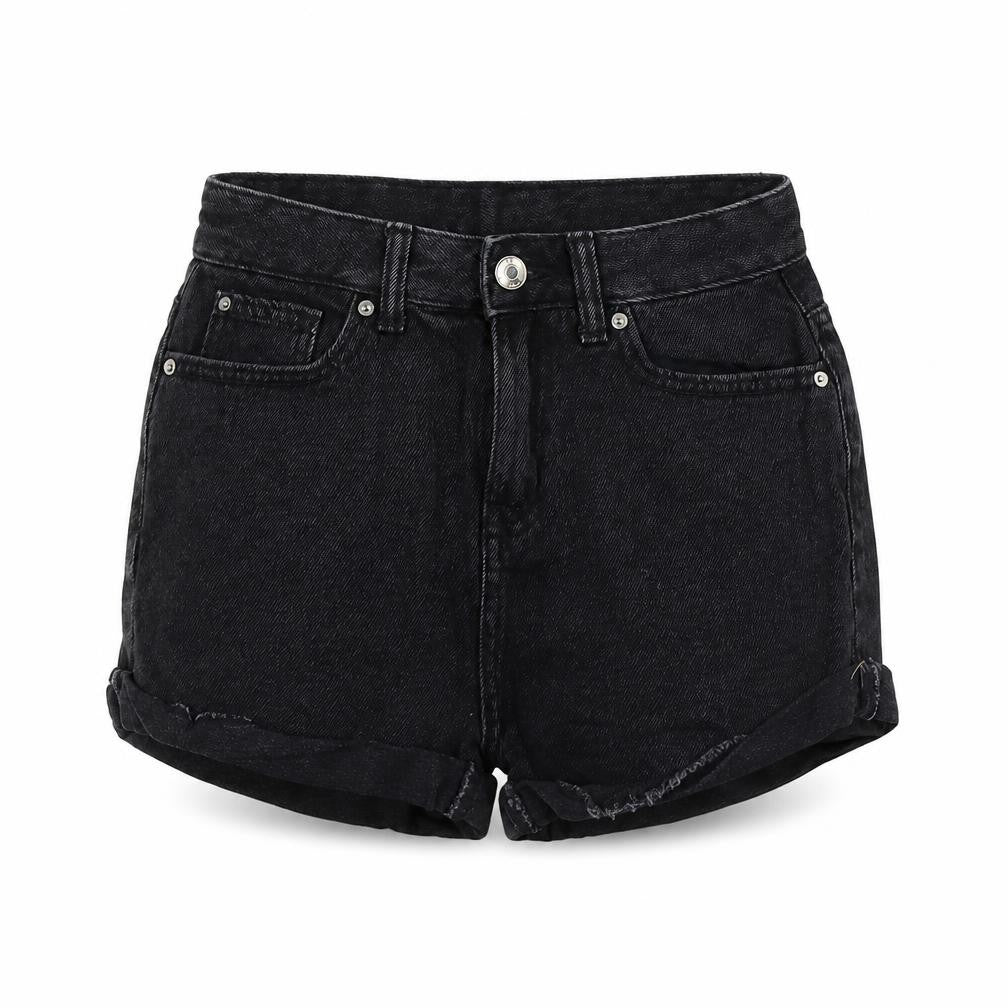 Front view of denim co women’s black cut-off shorts, size UK 4