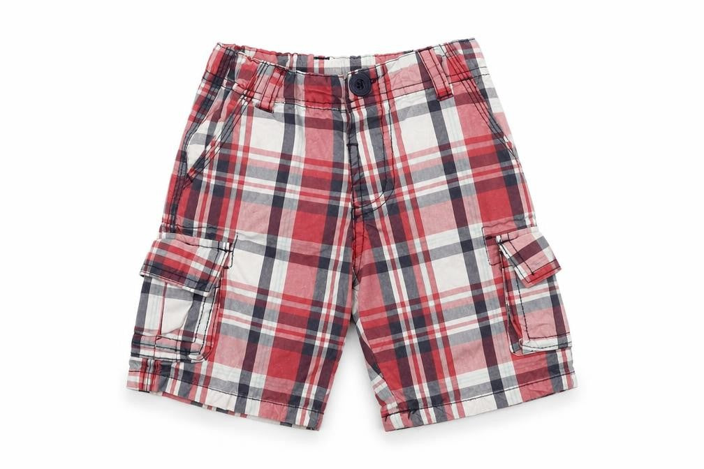 Front view of Primark boys’ red check cargo shorts, size 2, years