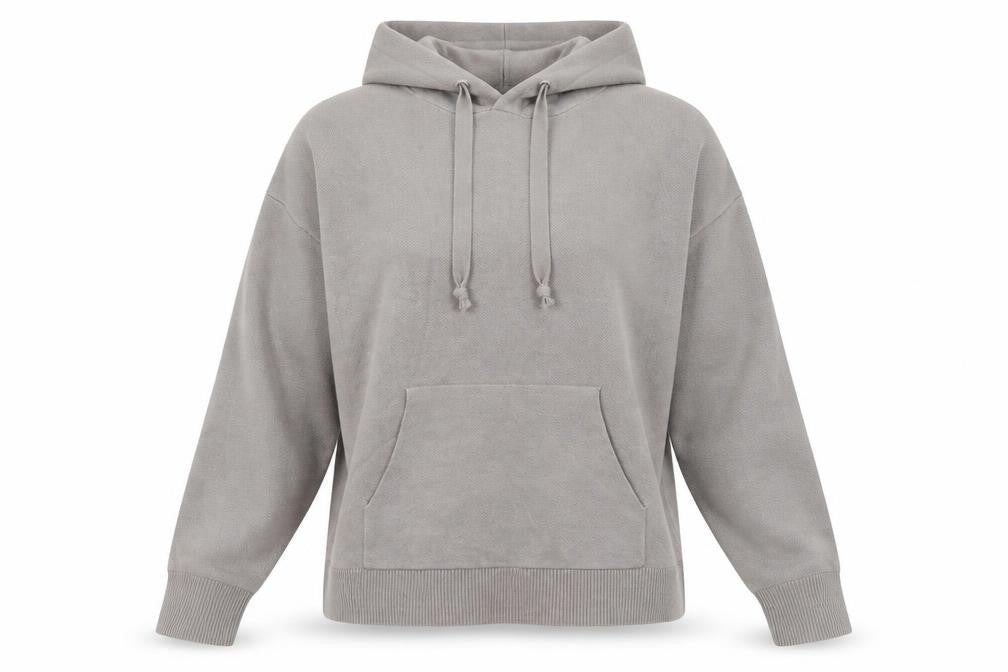 Front view of Primark women’s grey pullover hoodie, size UK 10
