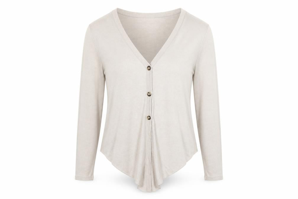 Front view of H&M women’s beige cardigan jumper, size XS