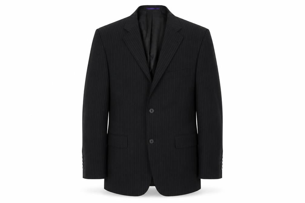 Front view of Taylor & Wright men’s black striped jacket blazer, size 40, - shoulder pads