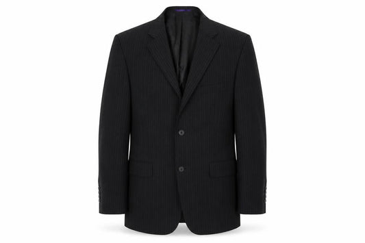 Front view of Taylor & Wright men’s black striped jacket blazer, size 40, - shoulder pads
