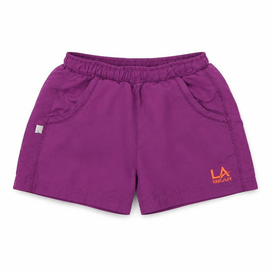 Front view of LA Gear girls’ purple sweat shorts, size 9, years