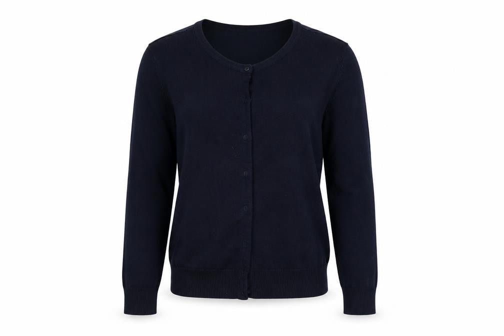 Front view of H&M women’s blue knit cardigan jumper, size M