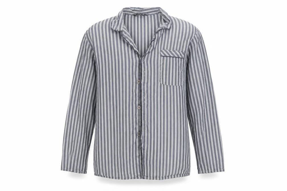 Front view of Cedarwood State men’s grey striped button-up, size M