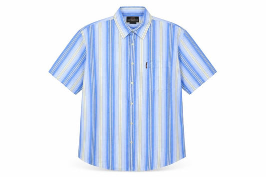 Front view of Weatherproof men’s blue striped button-up, size XL